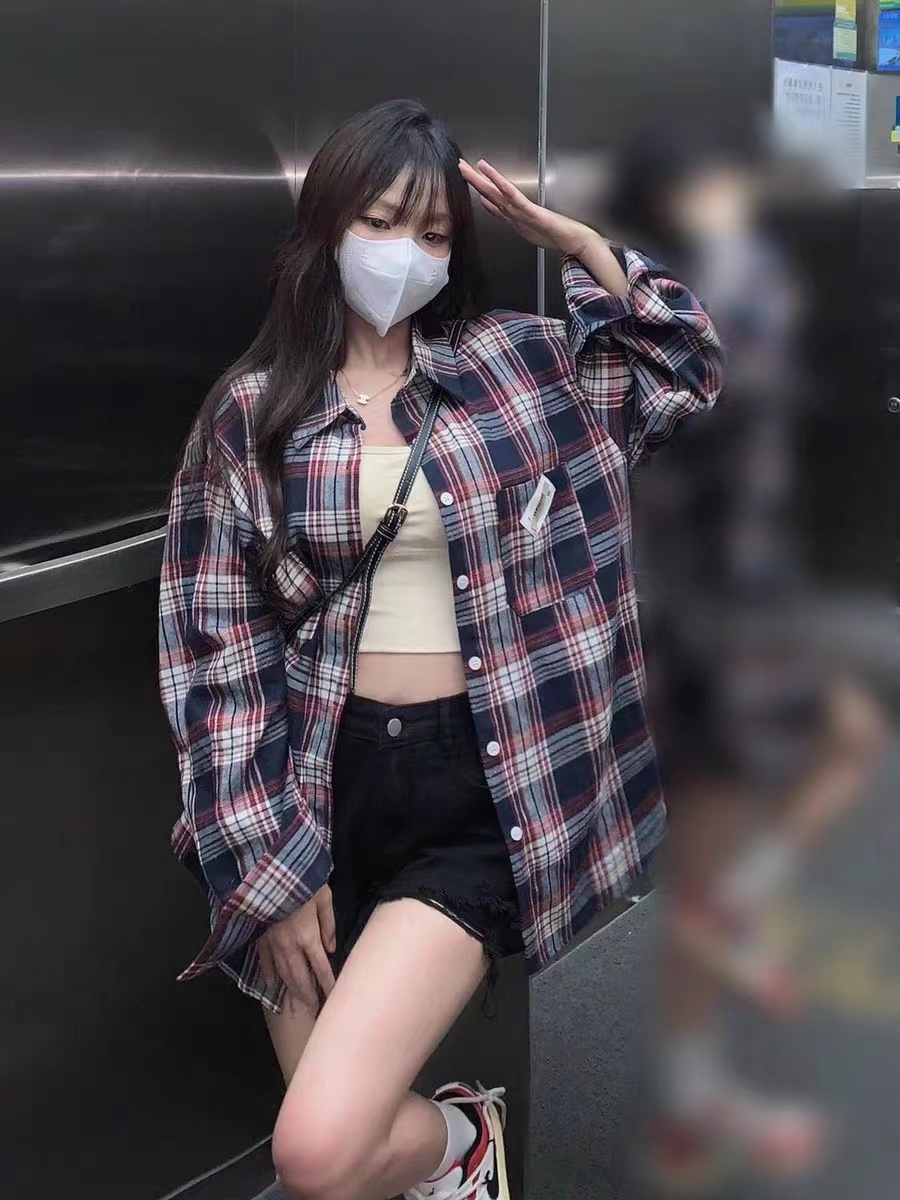 美式復古撞色格子長袖襯衫寬鬆韓版設計感小眾薄款防曬外套