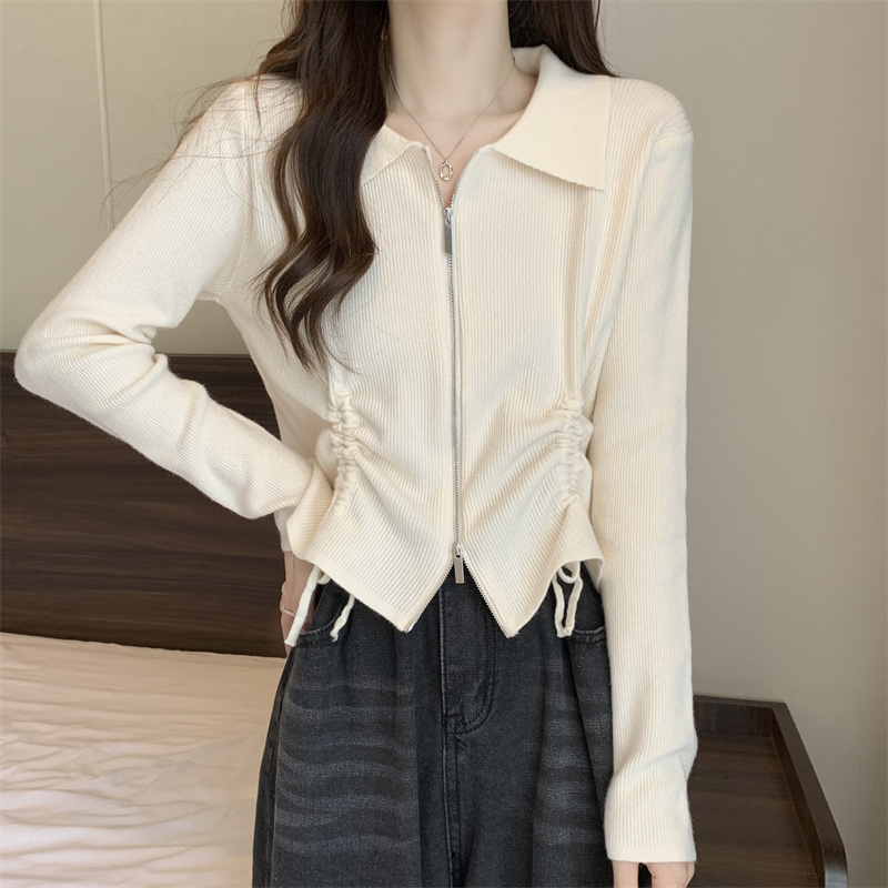 실사 가을 POLO 칼라 펌프 Pleat 허리 수축 디스플레이 얇고 작은 폴로 칼라 단색 양방향 머리 지퍼 긴팔 니트 오픈 가디건