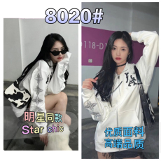 批发周洁琼明星同款白色卫衣女新款秋冬拉链连帽印花克罗心宽松上衣潮