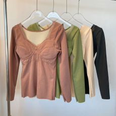 批发实拍大码秋冬德绒长袖保暖内衣轻柔暖绒内搭免<b class='q'>文胸</b>打底衫塑形上衣