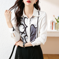 批发实拍真丝衬衫女白色法式手绘印花2026春装新款缎面<b class='q'>桑蚕丝</b>长袖<b class='q'>上衣</b>