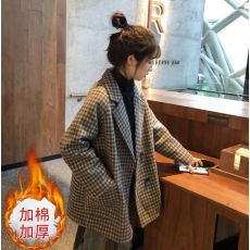 批发2025秋冬新款大码女装宽松夹棉格子<b class='q'>西装</b>呢子大衣外套