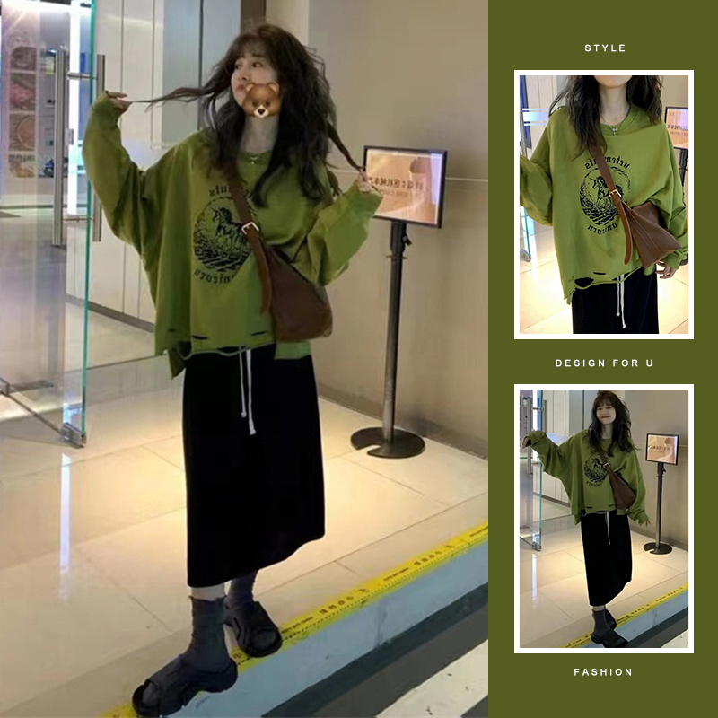 가을 겨울 빅 사이즈 여성 의류 녹색 품격 털이 있는 후드티 여성 고급 센스 허리밴드 펌프 로프 치마 슬림해 보이는 투피스 세트