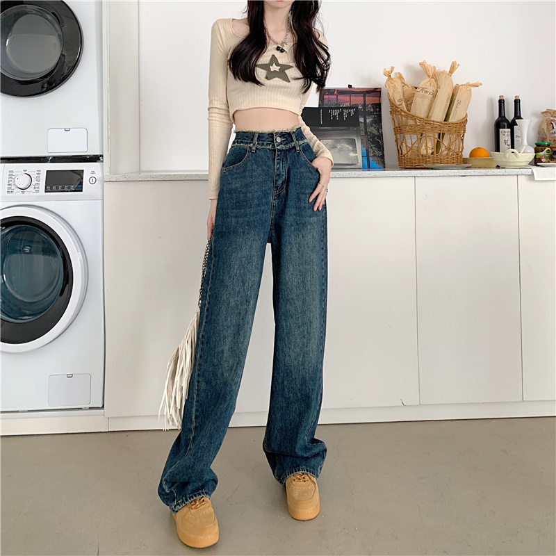 Actual shot and real price new high-waist raw edge design casual and versatile straight-leg denim wide-leg pants for women