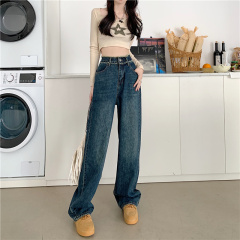 Actual shot and real price new high-waist raw edge design casual and versatile straight-leg denim wide-leg pants for women
