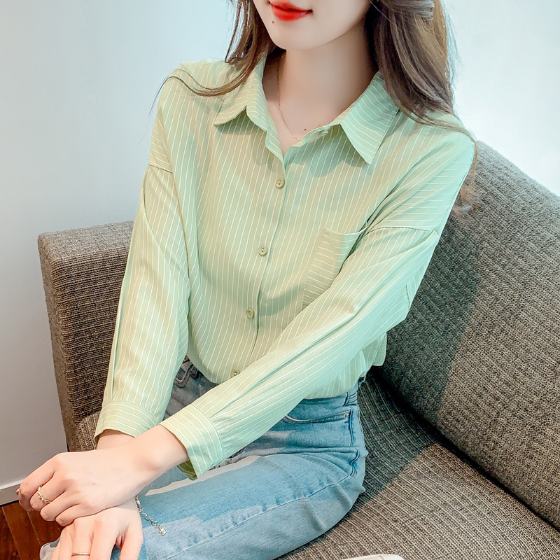 MY13476# 小个子绿色长袖条纹衬衫新款设计感小众上衣减龄小衫女裝貨源服裝批發