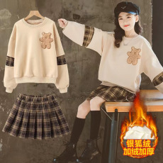 批发女童秋冬运动套装加绒加厚2025新款中大童女孩裙子加内里两件套