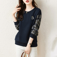 批发实拍 刺绣钉钻格纹拼接卫衣2026春季新款宽松显瘦设计感女卫衣