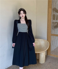 官图实价 气质韩版方领拼接假两件收腰连衣裙修身显瘦长裙