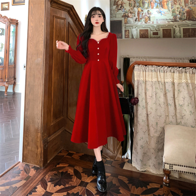 实拍    秋冬新款法式复古酒红丝绒订婚敬酒晚礼服平时可穿连衣裙