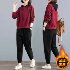 批发395#加绒加厚休闲<b class='q'>运动服</b>套装女宽松连帽时尚<b class='q'>大码</b>秋冬季卫衣两件套