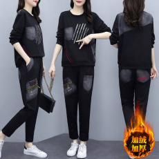 批发394#加绒加厚胖mm秋冬<b class='q'>新款</b>大码宽松印花套装女休闲<b class='q'>运动服</b>两件套潮