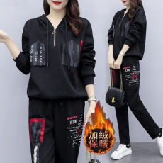 批发396#加绒加厚胖mm秋冬装<b class='q'>新款</b>休闲<b class='q'>运动服</b>套装女大码宽松连帽两件套