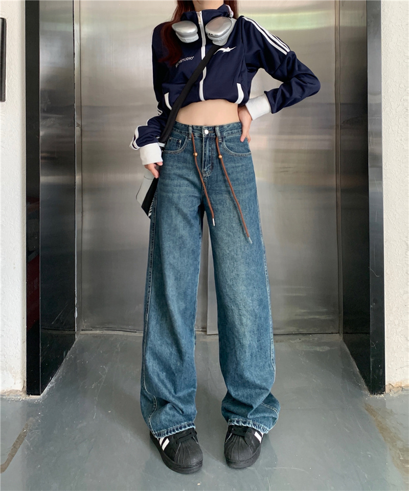 ~New Korean style loose slimming high waist design drawstring straight wide leg jeans for women