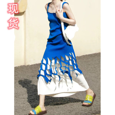 高级感名媛气质度假风克莱因蓝吊带连衣裙套装女夏季2022法式长裙