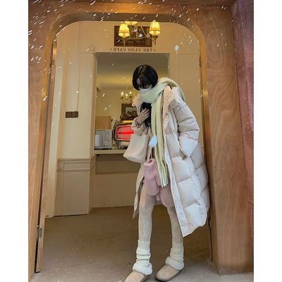 粉色面包羽绒服女冬季宽松加厚保暖中长款过膝白鸭绒连帽外套棉袄