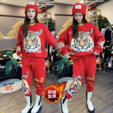 批发网红老虎秋<b class='q'>冬</b>季加绒加厚套装女宽松时尚印花休闲卫衣运动服两件套