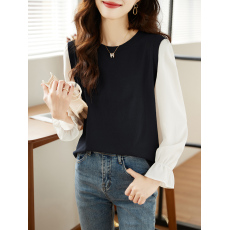 批发撞色拼接气质简约<b class='q'>针织衫</b>女2026新款春季假两件灯笼袖打底上衣