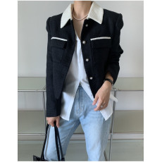 批发已出货 韩国chic 小香风西装领撞色镶边多口袋设计粗花呢<b class='q'>长袖</b>外套