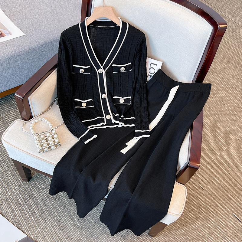 MY16060# 新款大码女装胖mm小香风针织上衣+阔腿长裤两件套装女裝貨源服裝批發