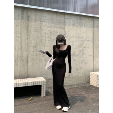 批发实拍实价秋季纯欲性感辣妹修身显瘦包臀黑色优雅连衣裙女<b class='q'>长裙</b>子