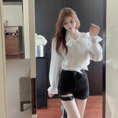 批发实拍2026夏季新款超仙小清新甜美仙气<b class='q'>蝴蝶结</b>光面洋气百搭<b class='q'>衬衫</b>