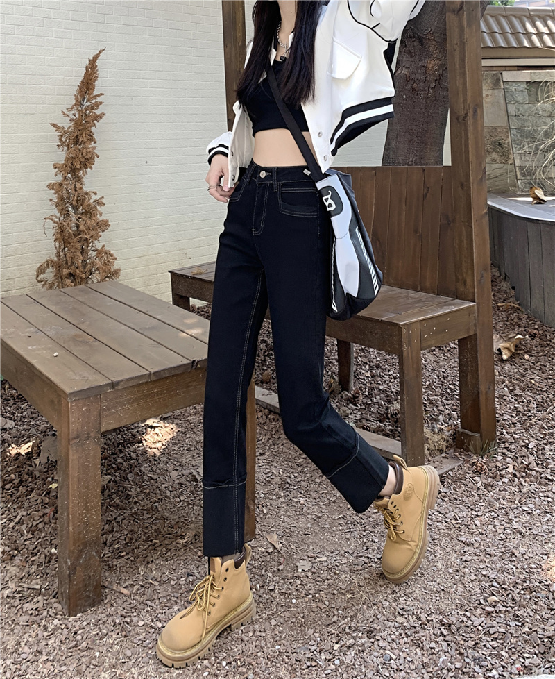 Actual shot and real price~Korean style high-waisted slim-fitting contrasting color stretch hem straight jeans