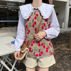 实拍韩系小清新樱桃针织马甲百搭设计感娃娃领衬衫两件套