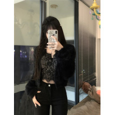 批发实拍  纯欲镂空蕾丝吊带美背+开叉<b class='q'>牛仔</b>长裤+水貂绒针织毛衣外套