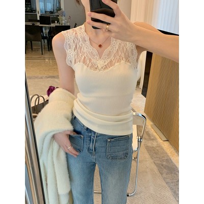 MUKOK 白色针织背心女2022春秋新款V领蕾丝拼接高级感气质打底衫