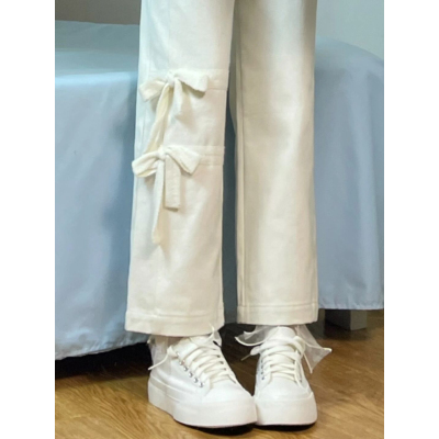 休闲裤白色阔腿裤秋季2022新款设计感高腰直筒显瘦小个子牛仔裤女