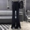 时尚休闲针织长裤2022年女秋季新款抽绳高腰直筒坑条显瘦微喇叭裤轮播图2