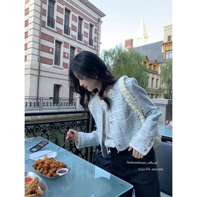 馨帮帮 自制早秋小众高级感外套2022新款粗花呢小个子短款上衣女
