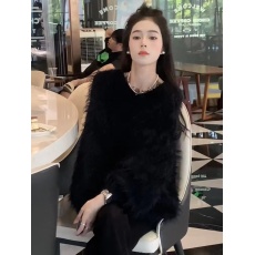 批发韩国东大门冬季新款设计感慵懒风宽松纯色水<b class='q'>貂绒</b>毛绒露肩长袖毛衣