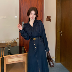 实拍 2022年新款复古长袖收腰显瘦开叉包臀中长款牛仔连衣裙