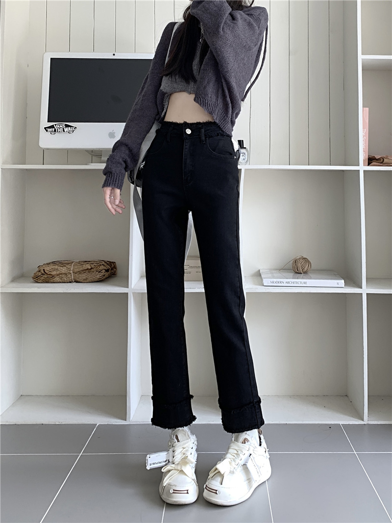 Real shot and real price new style raw edge splicing design high waist slim straight leg nine-point jeans