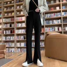 微喇开叉阔腿裤女春秋高腰垂坠感黑色喇叭裤休闲小个子拖地西装裤