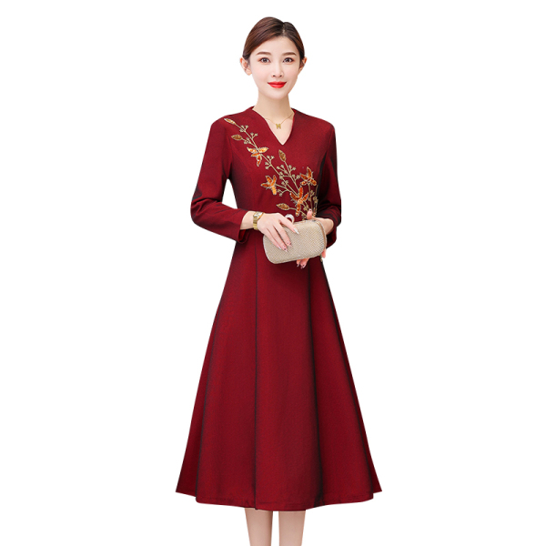 MY3555#旗袍中老年女本命年红色连衣裙春款婚礼妈妈礼服高贵