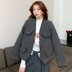批发欧货小香风短外套女2022<b class='q'>秋</b>新款流苏毛边粗花呢上衣
