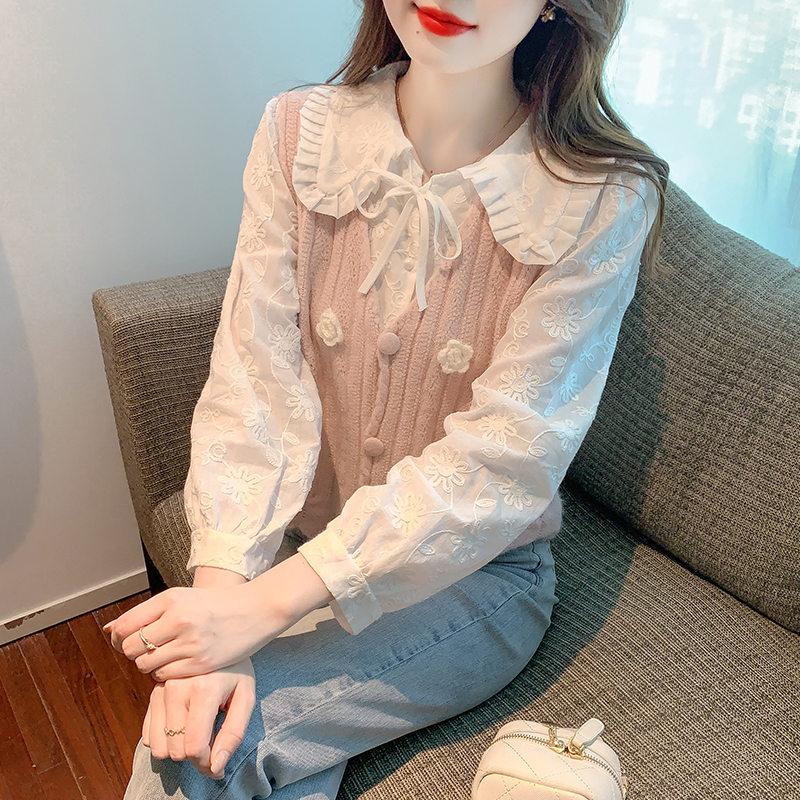 MY15103# 新款两件套绣花娃娃领衬衫外搭针织马甲上衣女女裝貨源服裝批發
