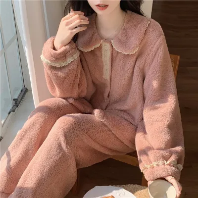 实拍实价韩版冬季加厚保暖珊瑚绒外穿蕾丝宽松舒适家居服睡衣套装