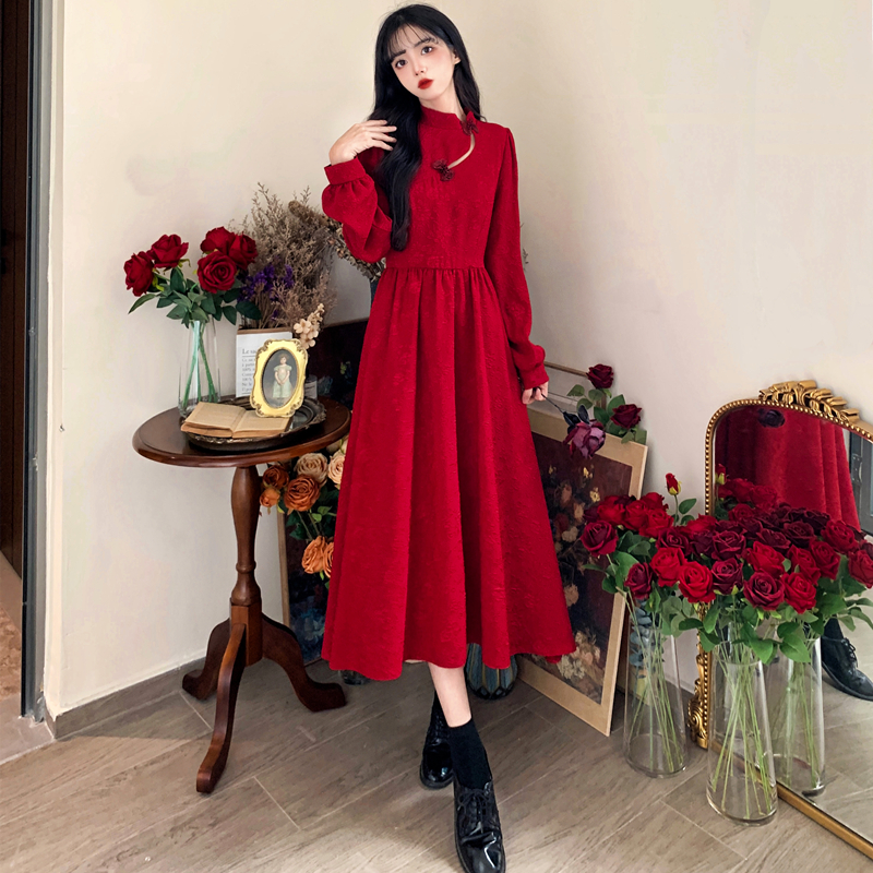 Plus size women's burgundy dress home toast dress cheongsam bride can usually wear engagement dress when getting married