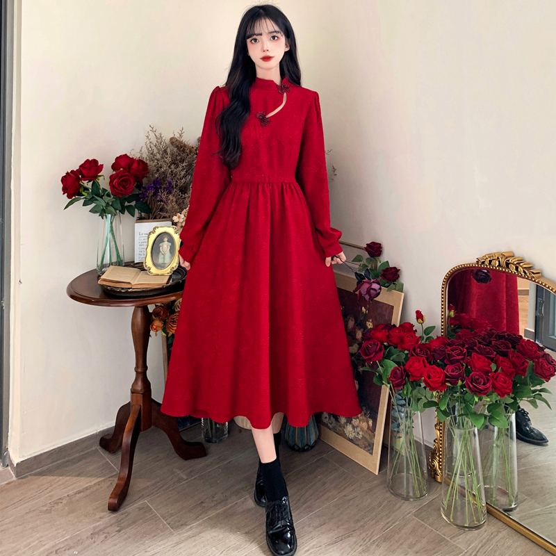 Plus size women's burgundy dress home toast dress cheongsam bride can usually wear engagement dress when getting married