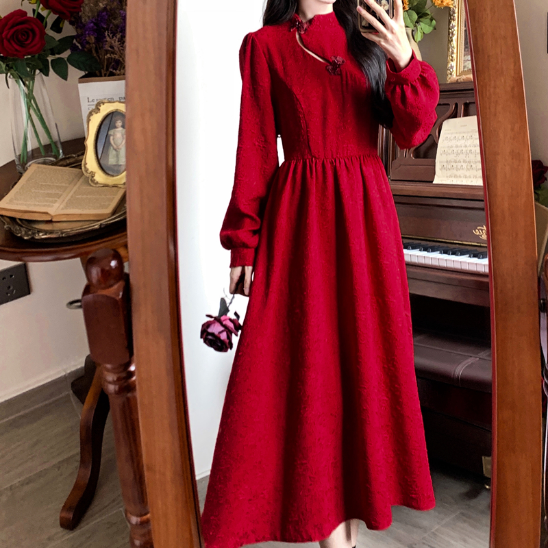 Plus size women's burgundy dress home toast dress cheongsam bride can usually wear engagement dress when getting married