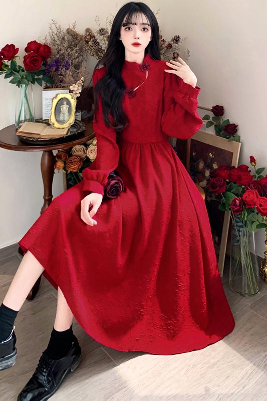 Plus size women's burgundy dress home toast dress cheongsam bride can usually wear engagement dress when getting married