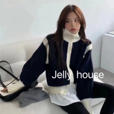 批发陆小团韩风秋冬新款港风chic撞色设计感小众毛衣开<b class='q'>衫</b>女