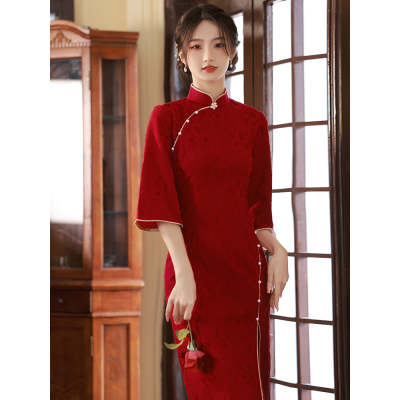 新中式旗袍雪尼尔新娘红色敬酒服宴礼服订婚结婚连衣裙2022秋季