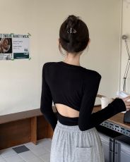 实拍冬港味辣妹风修身短款露脐长袖垫肩T恤ins露背内搭加绒打底衫