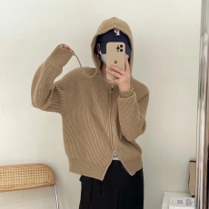 批发韩版简约洋气双拉链连帽针织开衫外套秋冬新款显瘦学院风减龄上衣