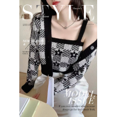 批发欧美时尚少女<b class='q'>棋盘</b><b class='q'>格</b>小花花吊带背长袖开衫外套两件套辣妹短上衣